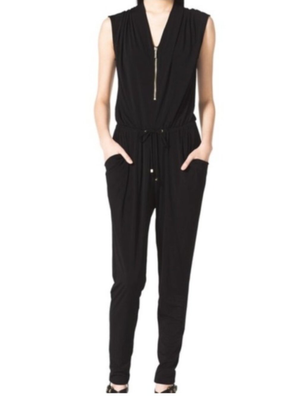 Michael Kors Black Sleeveless Zip-Front Jumpsuit with Drawstring Waist